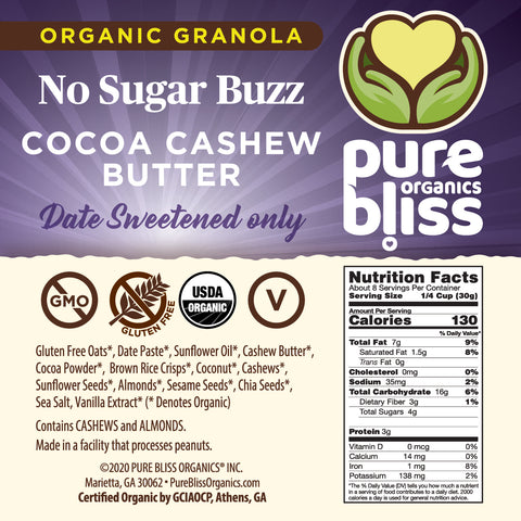 Organic No Sugar Buzz Granola - Cocoa Cashew Butter